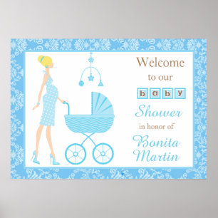 Blue Damask Blonde Boy Baby Dusche Poster