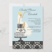 Blue Damask Blonde Bride Brautdusche Einladung (Vorderseite)