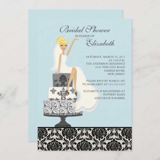 Blue Damask Blonde Bride Brautdusche Einladung (Vorne/Hinten)
