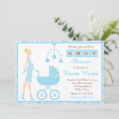 Blue Damask Blonde erwartet junge Babydusche Einladung (Stehend Vorderseite)