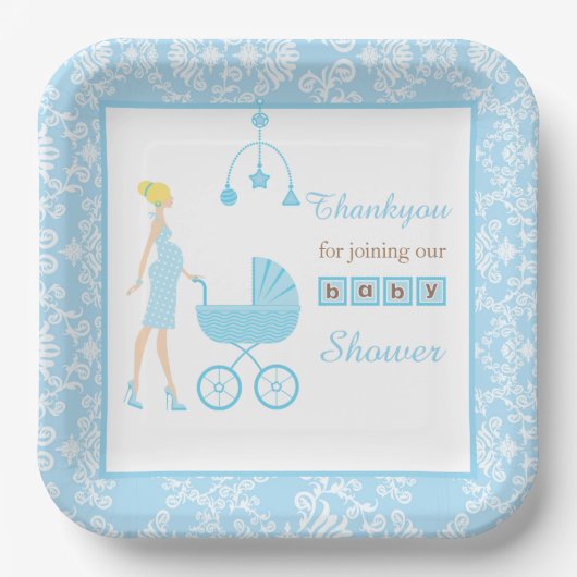 Blue Damask Blonde Woman Baby Dusche Pappteller (Vorderseite)
