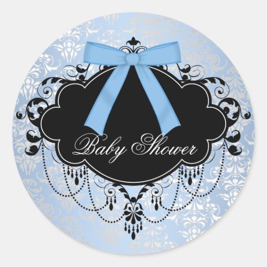 Blue Damask Blue Black Baby Boy Duschaufkleber Runder Aufkleber (Vorderseite)