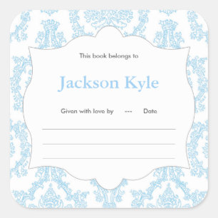 Blue Damask Book Baby Dusche Buchzeichen Label Quadratischer Aufkleber