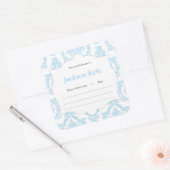 Blue Damask Book Baby Dusche Buchzeichen Label Quadratischer Aufkleber (Umschlag)