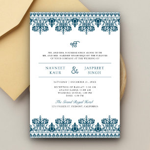 Blue Damask Border Anand Karaj Sikh Wedding Einladung