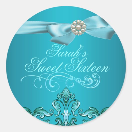 Blue Damask & Bow Sweet 16 Umschlag Sticker/Siegel Runder Aufkleber (Vorderseite)