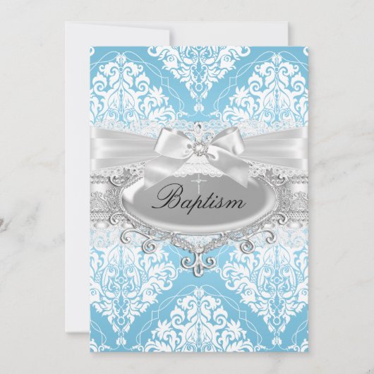 Blue Damask Bow Taufe Einladung (Vorderseite)