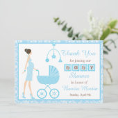 Blue Damask Brünett Frauenbaby-Dusche Dankeskarte (Stehend Vorderseite)