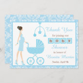 Blue Damask Brünett Frauenbaby-Dusche Dankeskarte (Vorne/Hinten)