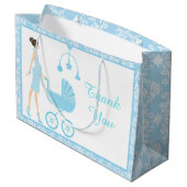 Blue Damask Brünett Frauenbaby-Dusche Große Geschenktüte (Rückseite Schrägansicht)