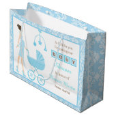 Blue Damask Brünett Frauenbaby-Dusche Große Geschenktüte (Vorderseite Schrägansicht)