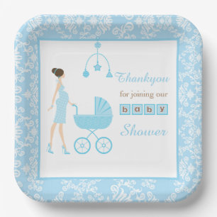 Blue Damask Brünett Frauenbaby-Dusche Pappteller