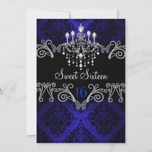 Blue Damask & Butterfly 16 . Geburtstag Einladung (Vorderseite)