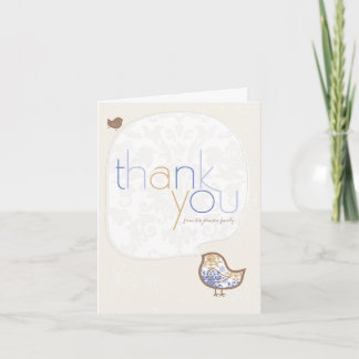 Blue Damask Chick Whimsical Boy Baby Shower/Birth Dankeskarte