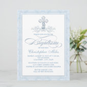 Blue Damask Cross Baptisse Einladung (Stehend Vorderseite)