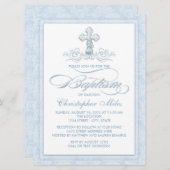 Blue Damask Cross Baptisse Einladung (Vorne/Hinten)