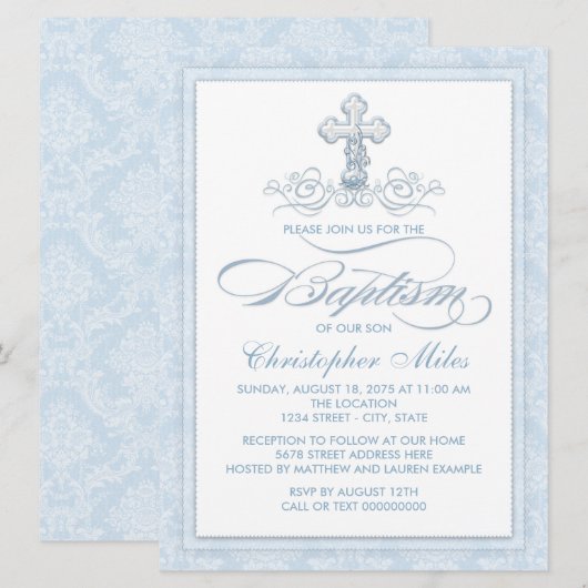 Blue Damask Cross Baptisse Einladung (Vorne/Hinten)