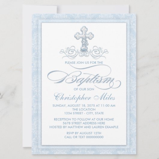 Blue Damask Cross Baptisse Einladung (Vorderseite)