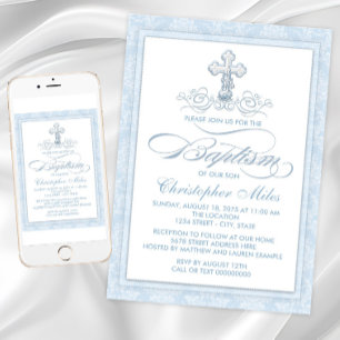 Blue Damask Cross Baptisse Einladung