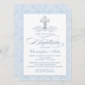 Blue Damask Cross Baptisse Einladung (Vorne/Hinten)