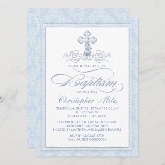 Blue Damask Cross Baptisse Einladung (Vorne/Hinten)