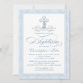 Blue Damask Cross Baptisse Einladung (Vorderseite)