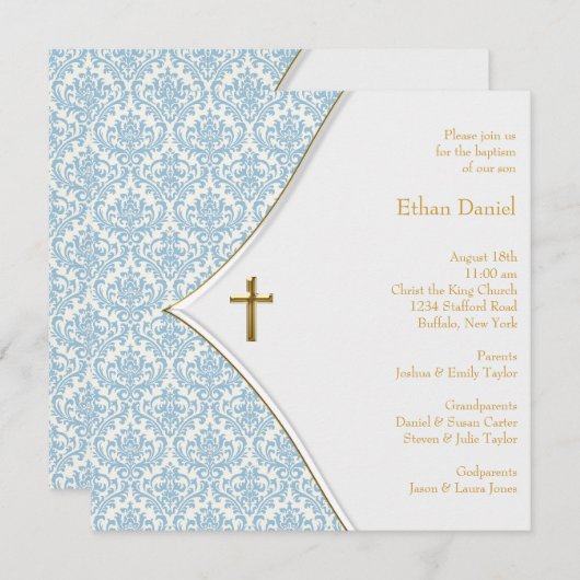 Blue Damask Cross Boy Christening Einladung (Vorne/Hinten)