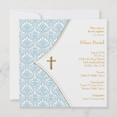 Blue Damask Cross Boy Christening Einladung (Vorderseite)