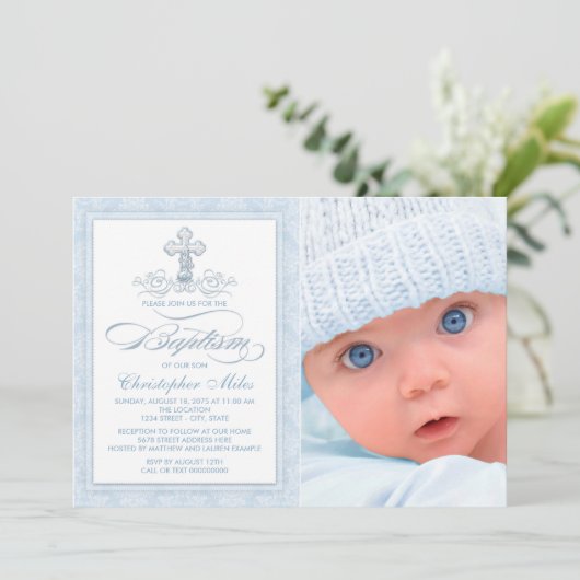 Blue Damask Cross Boy Foto Taufe Einladung (Stehend Vorderseite)