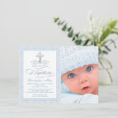 Blue Damask Cross Boy Foto Taufe Einladung (Stehend Vorderseite)
