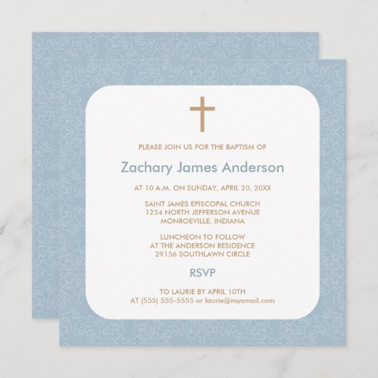 Blue Damask & Cross-Taufen Einladungen (Vorne/Hinten)