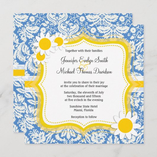 Blue Damask; Daisy Einladung (Vorne/Hinten)