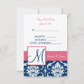 Blue Damask Erste RSVP-Karten für Square Einladung (Rückseite)