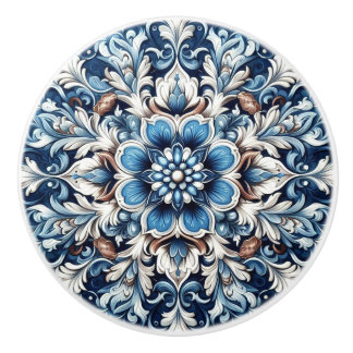 Blue Damask Fleur Mandala Keramikknauf