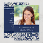 Blue Damask Foto Bridal Dusche Einladung Karte (Vorne/Hinten)