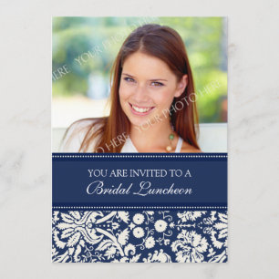 Blue Damask Foto Bridal Luncheon Einladung Karte