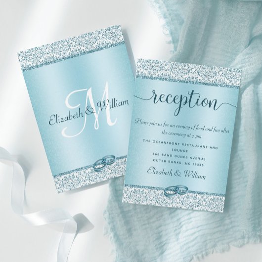 Blue Damask Glitzer Hochzeitsempfang Begleitkarte