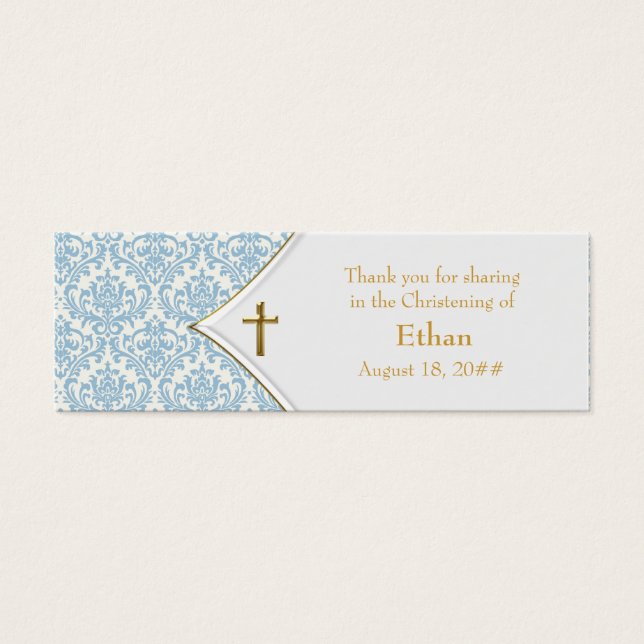 Blue Damask Gold Cross Bomboniere Tags (Vorderseite)