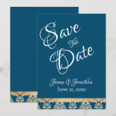 Blue Damask Gold Script Elegante Hochzeit Save The Date (Vorne/Hinten)