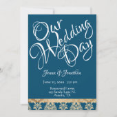 Blue Damask Gold Script Elegante Unser Hochzeitsta Einladung (Vorderseite)