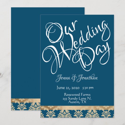 Blue Damask Gold Script Elegante Unser Hochzeitsta Einladung (Vorne/Hinten)