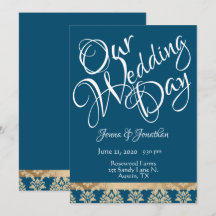 Blue Damask Gold Script Elegante Unser Hochzeitsta