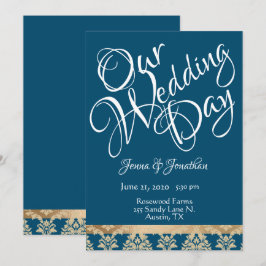 Blue Damask Gold Script Elegante Unser Hochzeitsta Einladung