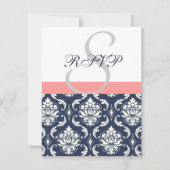 Blue Damask Hochzeit RSVP Cards Coral (Vorderseite)