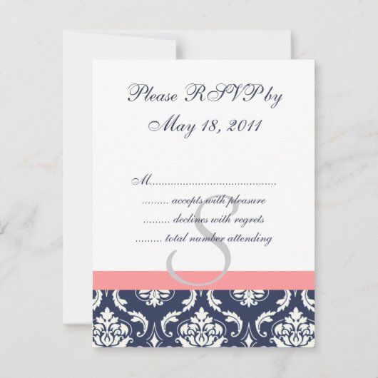 Blue Damask Hochzeit RSVP Cards Coral (Rückseite)