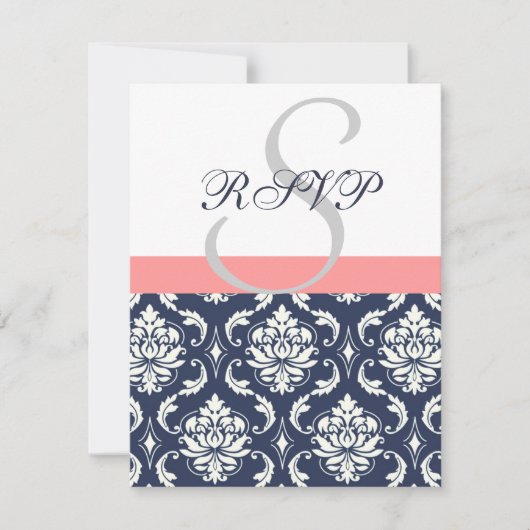 Blue Damask Hochzeit RSVP Cards Coral Karte (Vorderseite)