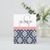 Blue Damask Hochzeit RSVP Cards Coral Karte (Stehend Vorderseite)