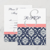 Blue Damask Hochzeit RSVP Cards Coral Karte (Vorne/Hinten)