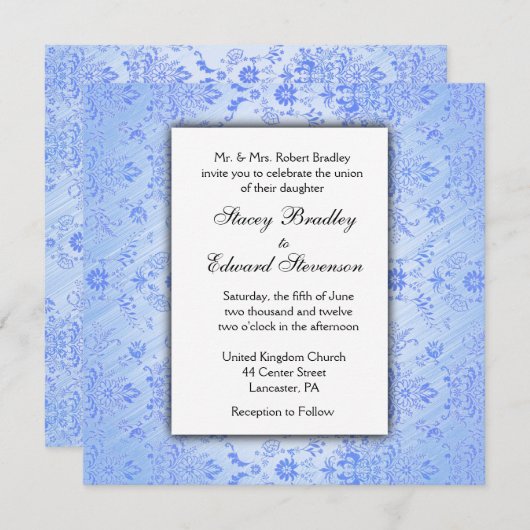 Blue Damask Hochzeitseinladung Einladung (Vorne/Hinten)