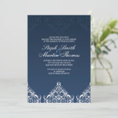 Blue Damask Hochzeitseinladung Einladung (Stehend Vorderseite)